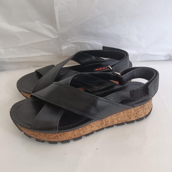 𝅺Prada Platform Wedge Leather criss cross leather sandals size 36.5 - Picture 9 of 14
